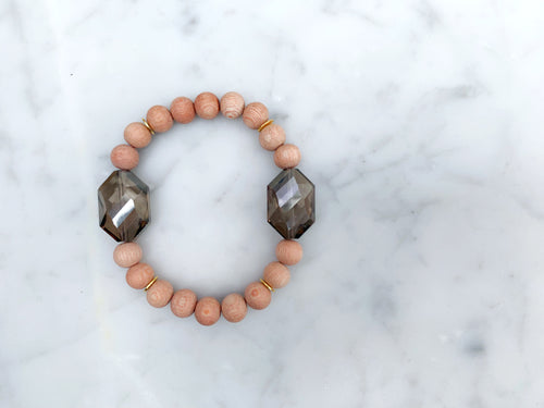 Champagne Hexagon Faceted Crystal Glass Beads & Rosewood Diffuser Bracelet