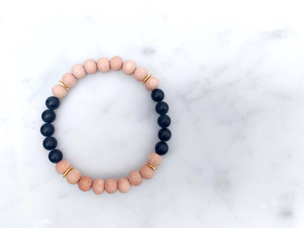 Matte Black Onyx Beads & Rosewood With Gold Diffuser Bracelet