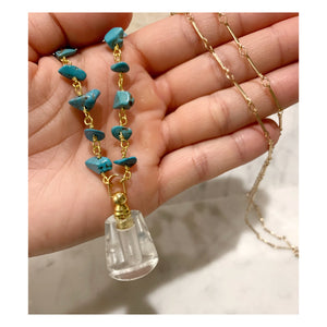 Clear Quartz & Turquoise Rosary with Gold Vial Necklace